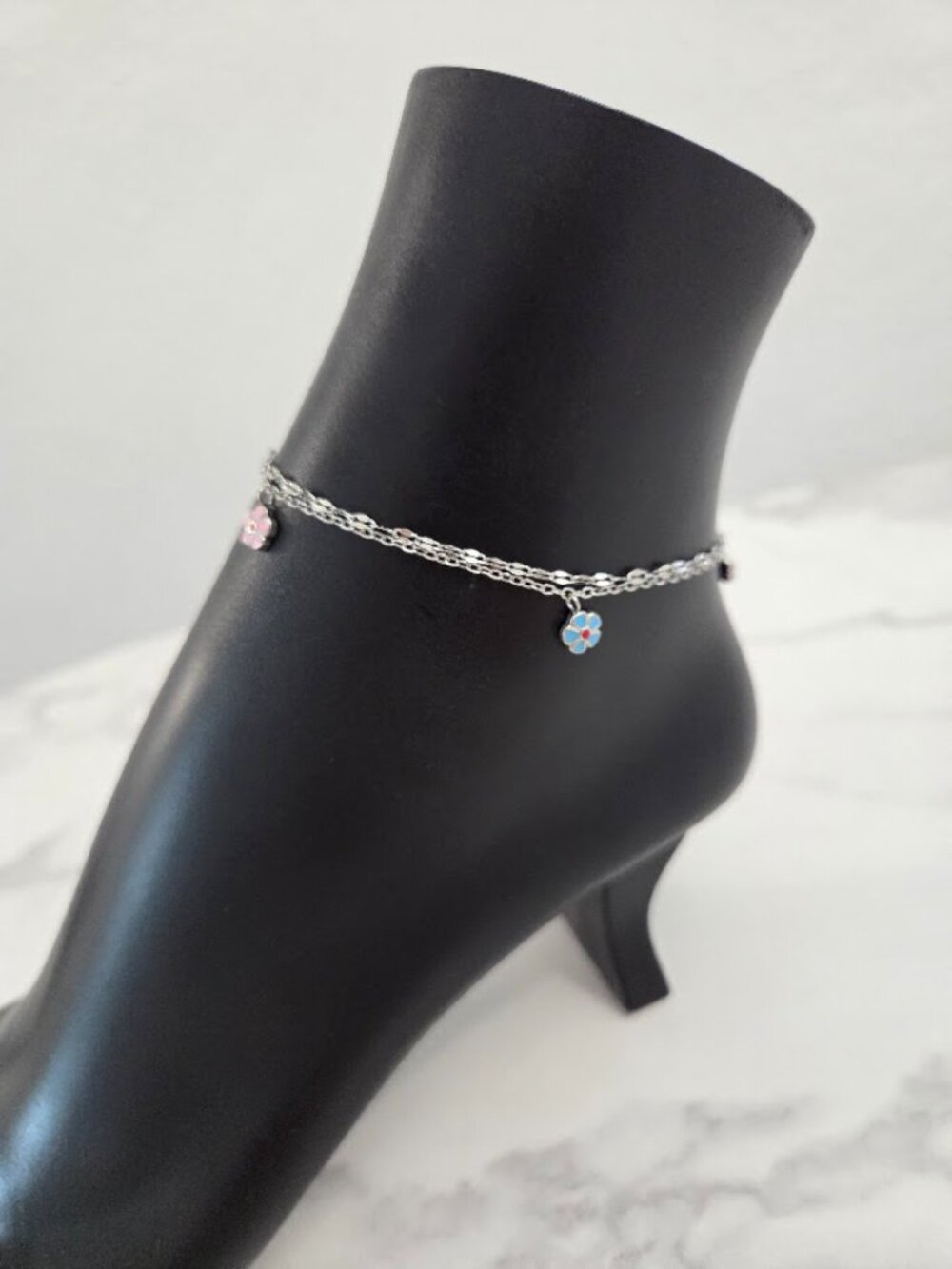 Boho Silver Double Chain Flower Anklet Pink Blue - Picture 4 of 16